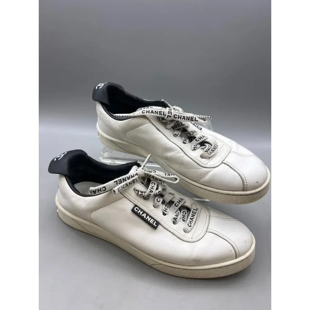 CHANEL CC Logo G34085 White Leather Low Top Lace-Up Sneaker Shoes Size EUR 38